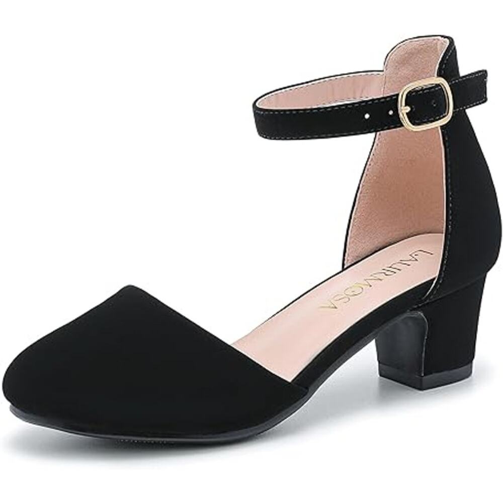 Laurmosa Big Girls Size 2 Black Faux Suede Closed Toe Ankle Strap 2" Heel Shoes